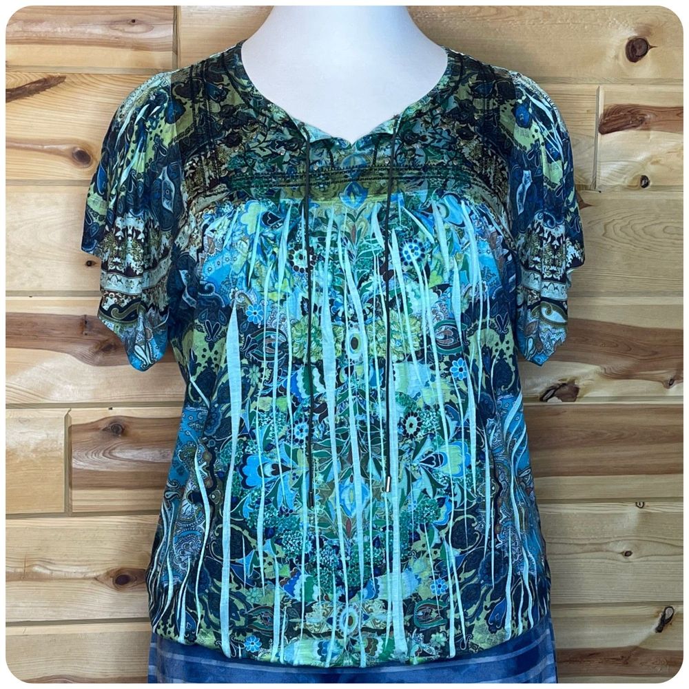 Dressbarn Floral Blouse Top Women's Size 3X Green Blue Lace Trim Front Tie